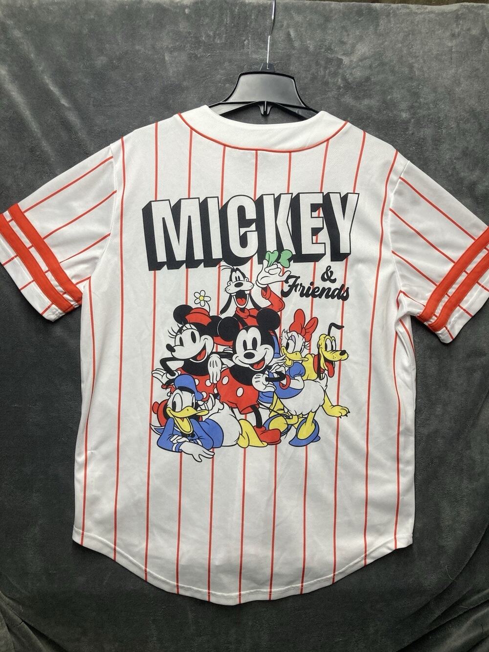 Disney Mickey & Friends Double-Sided White Red Striped Baseball Jersey L Kidcore